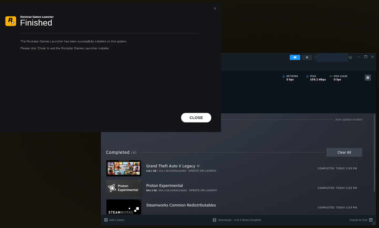 Rockstar Games Launcher на станции Chrysolite: установка завершена, рядом загрузки Steam с GTA V Legacy